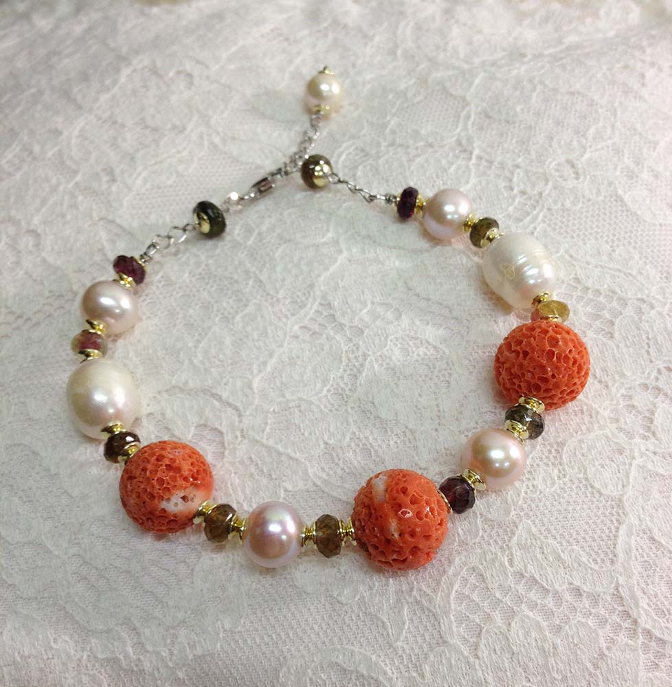 Bracciale argento con corallo perle e tormaline