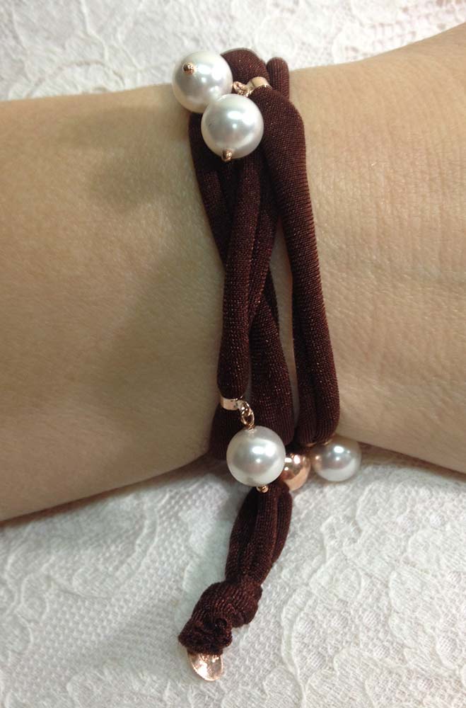 Bracciale in tessuto, Argento 925 e perle