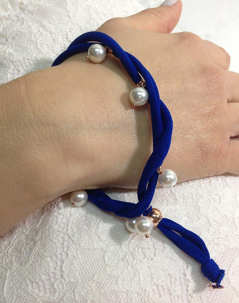 Bracciale in tessuto, Argento 925 e perle